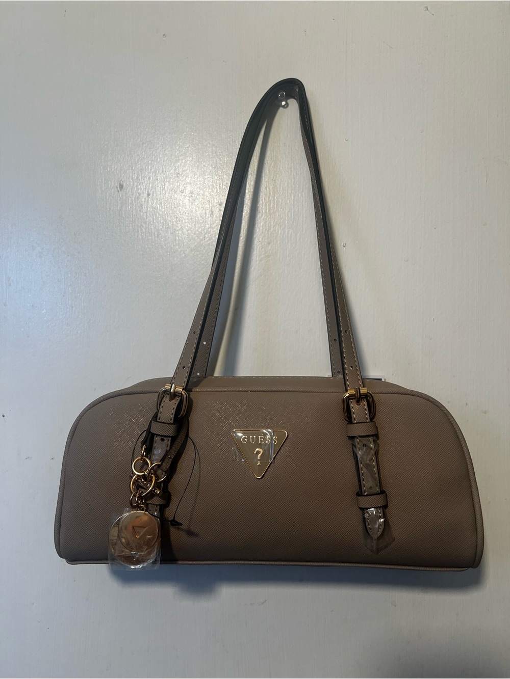 GUESS Taupe Leather Shoulder Bag with Gold Hardware